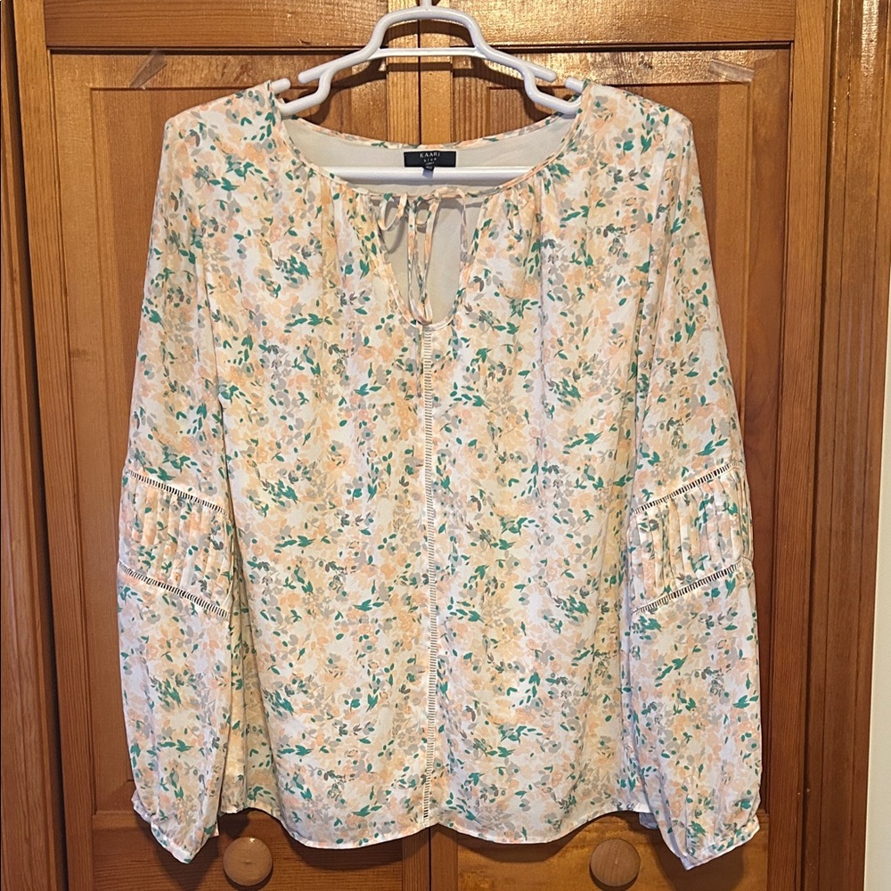 Kaari Blue Cream Peach Floral Blouse Plus 3X EUC Long Sleeve Soft Top